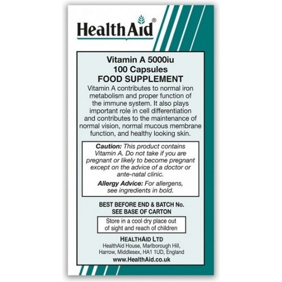 Health Aid Vitamin A 5000iu 100 κάψουλες