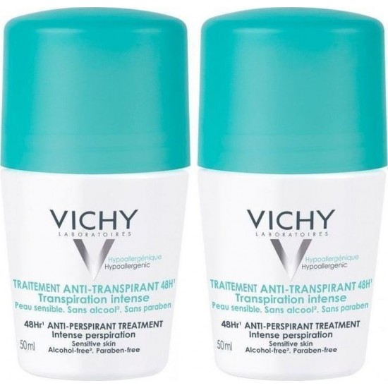 VICHY SET: DÉODORANT Αποσμητικο 1+1 δώρο! Anti-Transpirant 48h για άνδρες και γυναίκες που υποφέρουν από έντονη εφίδρωση Roll-On 48h 2x50ml