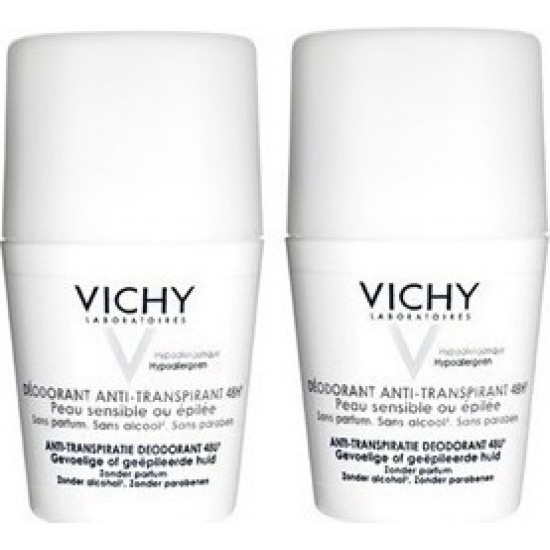 VICHY SET: DÉODORANT Αποσμητικο 1+1 δώρο! Anti-Transpirant Sensitive για ευαίσθητες ή αποτριχωμένες επιδερμίδες Roll-On 48h 2x50ml