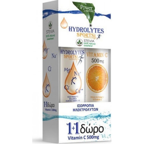 Power Health 1+1 ΔΩΡΟ Hydrolytes Sports with Stevia Συμπλήρωμα Διατροφής με Ηλεκτρολύτες με Στέβια, 20eff.tabs & Vitamin C 500mg Βιταμίνη C με Γεύση Πορτοκάλι, 20eff.tabs