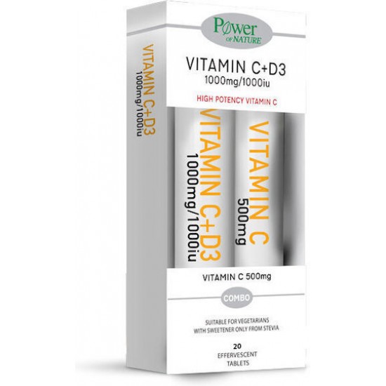 Power Of Nature Vitamin C 1000mg - D3 1000iu & Vitamin C 500mg Βιταμίνη για Ενίσχυση του Ανοσοποιητικού, τo Δέρμα & Αντιοξειδωτική δράση 1000iu 1000mg Λεμόνι 2 x 20 αναβράζοντα δισκία