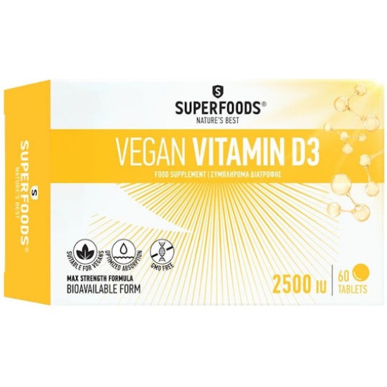 Superfoods Vegan Vitamin D3 Βιταμίνη για Ενίσχυση του Ανοσοποιητικού & την Υγεία των Οστών 2500iu 60 ταμπλέτες 